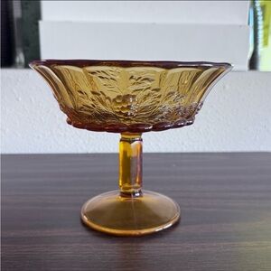 Vintage L.G. Wright Pedestal Grape Paneled Compote Amber Glass Dish
